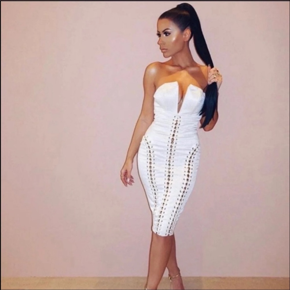 House of CB Alberta White Jacquard Strapless Dress Size M